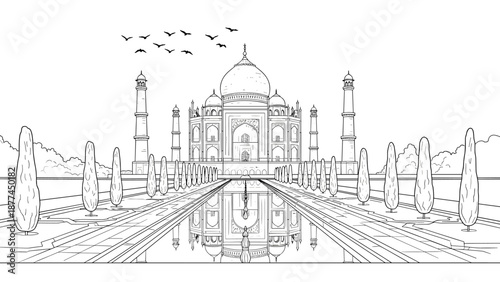 Taj mahal architectural line art with reflection and flying birds