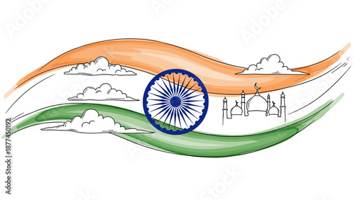 Artistic indian flag design with ashoka chakra and historical monument in abstract style