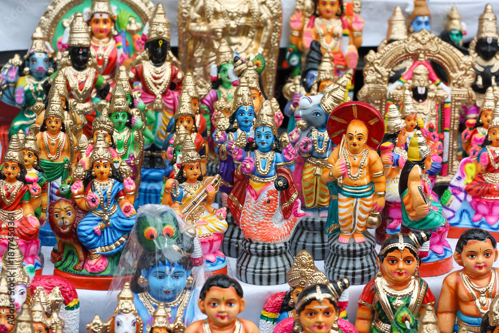 Fototapeta premium Vishnu avatar,Mahalakshmi and Saraswathi idols are displayed for sale in a shop for the Golu festival