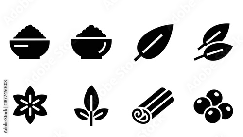 Set of food and spice silhouettes: herb leaves and ingredients collection