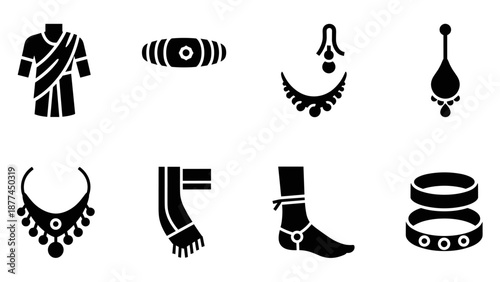 Traditional ethnic jewelry and clothing icons in black silhouette style