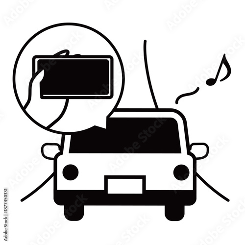 ながら運転・脇見運転のシンプルな白黒アイコン　スマホを見ながら運転する車