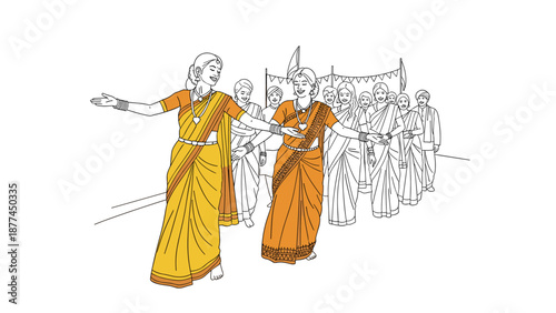Traditional indian dance celebration with women in colorful saris in line art style
