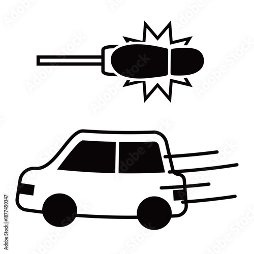 急発進をする車とアクセルを踏み込む足　シンプルな白黒アイコン