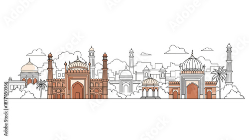 Linear outline of iconic taj mahal and agra architectural landmarks