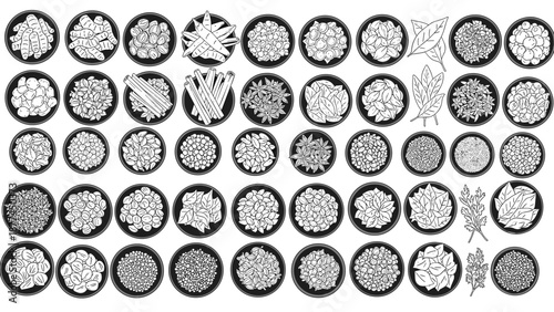 Black and white hand drawn culinary herb and spice bowls pattern