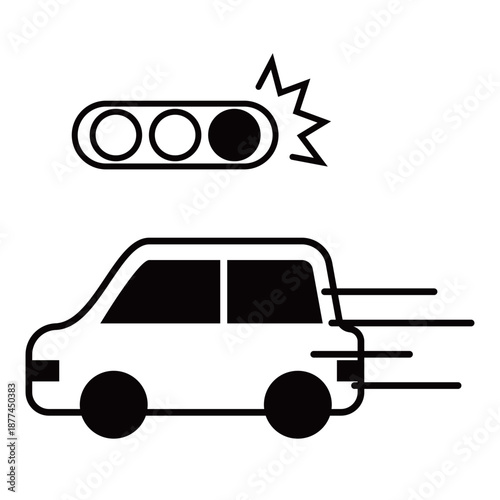 信号無視をしている自動車　シンプルな白黒アイコン