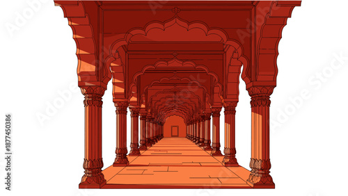 Intricate isometric red architecture with ornate columns and arches