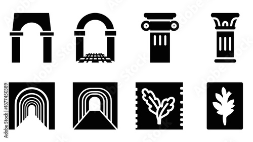 Minimalist black and white architectural icons of arches and columns