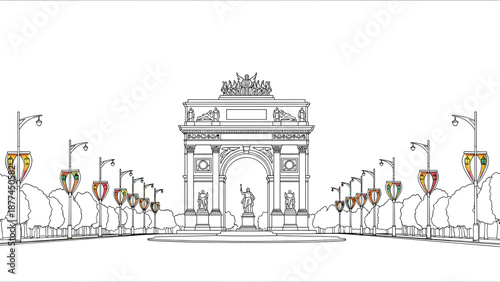 Colorful linear drawing of iconic arch and lanterns
