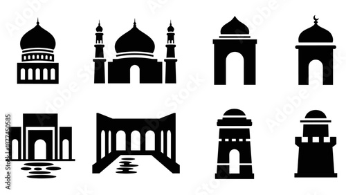 Monochrome silhouette of islamic architecture landmarks