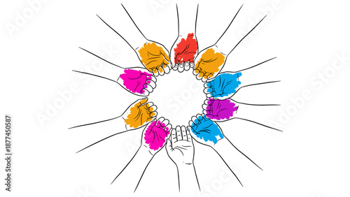 Colorful collaborative hands in circular harmony on white background