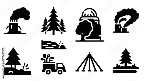 Black silhouette nature and industrial icons set