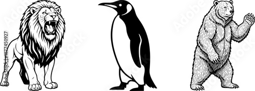Wild Animals Collection Vector Illustration Lion Penguin Bear