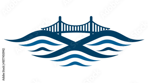 A bridge suspended over stylized waves with dark blue color palette, contrasting against a white backdrop