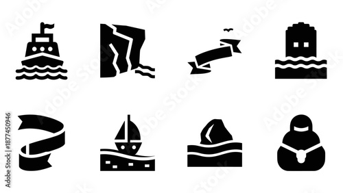 Black silhouette icons of nautical and seascape themes in minimalist style