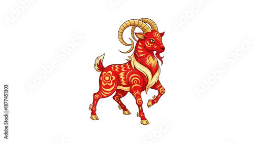 Red and Gold Chinese Zodiac Goat Illustration for Lunar New Year, Traditional Oriental Ram Symbol of Luck and Prosperity, Aesthetic Asian Animal Art