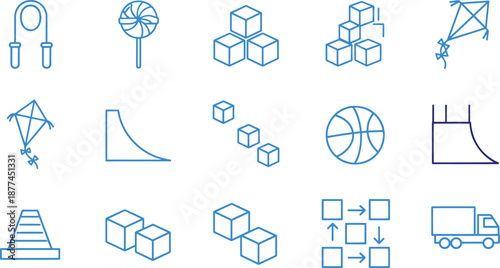Set of outline icons for games toys and geometric shapes
