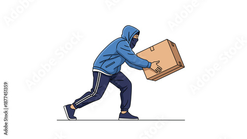 Person wearing a blue hooded sweatshirt and a face mask runs while carrying a stolen cardboard package in a flat illustration style.