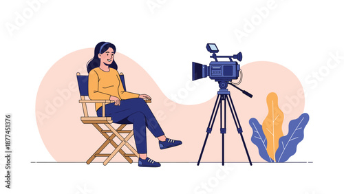 Professional video production scene features a woman sitting in a director's chair while being recorded by a large movie camera.