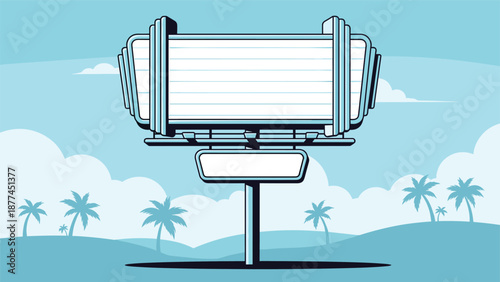Large blank retro billboard sign stands in a tropical location surrounded by rolling hills and palm trees under a bright blue sky.
