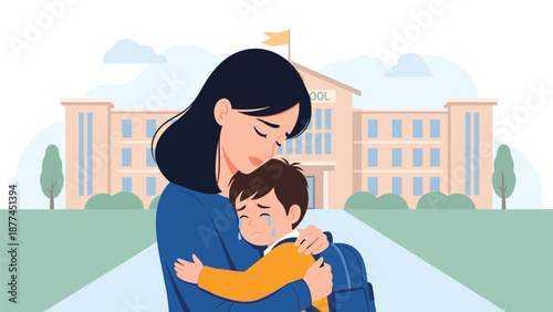 Emotional scene showing a sad mother embracing her crying young son in front of a school building on his first day of classes.