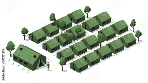 Isometric view of a military or humanitarian aid camp featuring rows of green canvas tents and a single soldier standing guard duty.