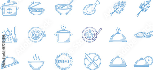 Set of fifteen cooking food and restaurant service outline icons vector