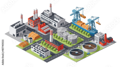 Isometric overview of an expansive industrial zone featuring a port with cargo ships, cranes, timber storage, factory buildings, and water treatment.