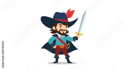 Brave musketeer character wearing a blue tunic, red pants, and a large feathered hat while holding a silver sword in a confident hero pose.