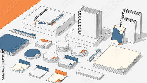 Large collection of office stationery items including spiral notebooks, sticky notes, pens, and paper pads arranged on a gray surface.