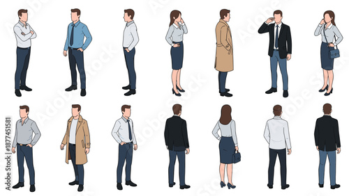 Vector character set showing professional men and women in business casual attire from multiple perspectives including front and back.
