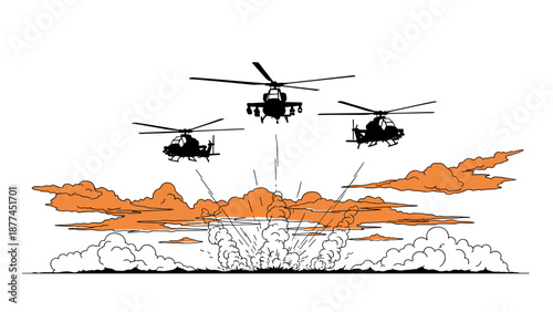 Dramatic helicopter scene with explosive clouds in vintage comic style