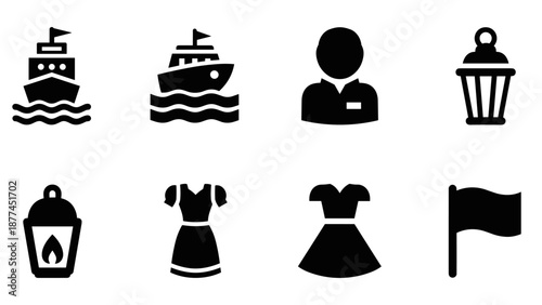 Minimalist nautical and vintage icons: ships, attire, flag, lanterns, and avatar