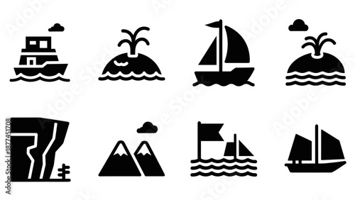 Nautical and nature silhouettes: boats, islands, mountains, and sea elements