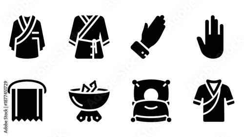 Simple bath icons: robes, towels, and accessories in black silhouette style