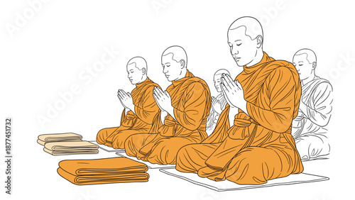 Monks meditating in linear style: peaceful group in traditional robes