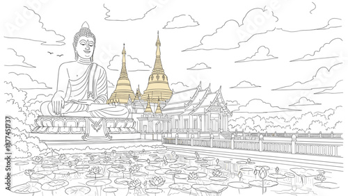 Tranquil linear drawing of a buddha statue and temple scene with lotus pond