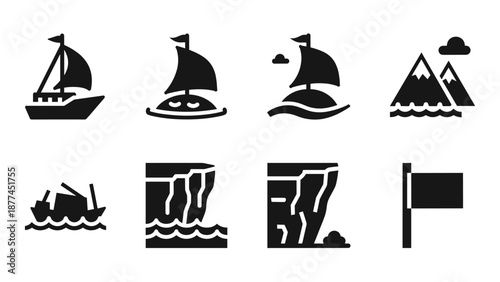 Nautical and mountain icons set featuring boats, waves, and cliffs in minimalist style