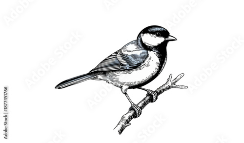 Hand Drawn Great Tit on Branch in Vintage Engraving and Hatching Style