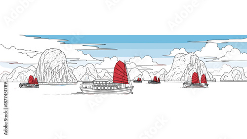 Hand drawn boats with red sails in scenic seascape with rocky islands