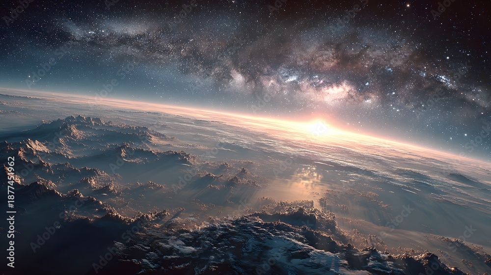 Fototapeta premium Cinematic view of Planet Earth from space with a sunrise over the curved horizon and a glorious milky way and stars in the background.