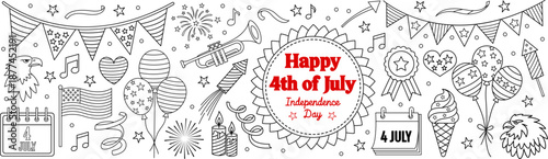Fourth of july outline coloring page collection with patriotic symbols flag fireworks bunting balloon and celebration elements