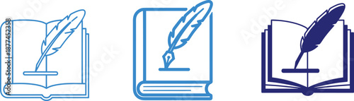 Open book with feather quill pen, outline and filled styles, writing