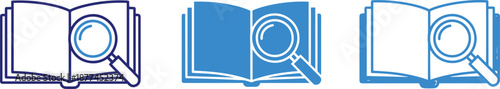 Open book with magnifying glass, outline and filled styles, searching