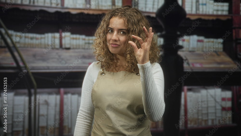 Fototapeta premium Woman with curly hair wearing beige apron making ok sign with right hand in studio library set beside bookshelves and ladder; approval.