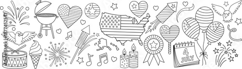 Fourth of july outline design with patriotic doodle elements fireworks flags balloon and celebration icons