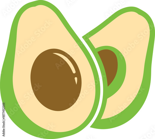 Bright green avocado cut in half showing the large brown pit, isolated vector illustration for healthy eating and vegan diet concepts.