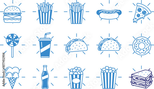 Fast food icons featuring burgers, fries, pizza, and tacos showing snacks