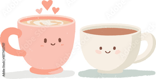 Two cute coffee cups with smiling faces and hearts. Vector illustration.